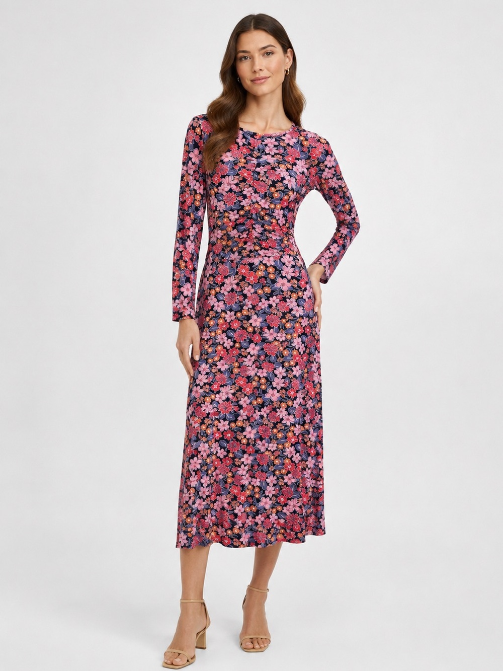 Draper James Tae Midi Dress NWT XS Abstract Dahlia Floral Ruched Midi